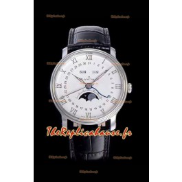 Montre suisse Blancpain "Villeret Quantième Complet" 904L en acier, cadran blanc cassé
