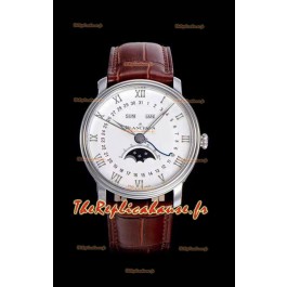 Montre suisse Blancpain "Villeret Quantième Complet" 904L en acier, cadran blanc cassé