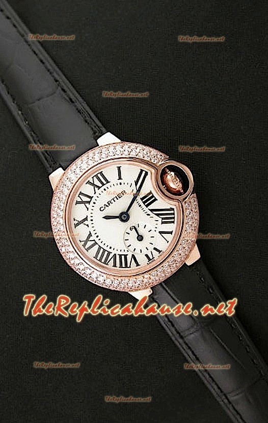 Ballon De Cartier Montre Femmes en Or Rose avec Bracelet en Cuir Rose