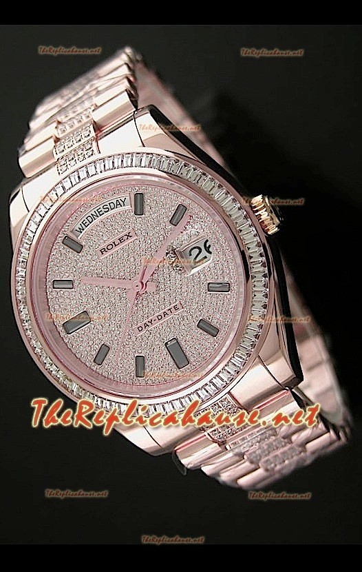 Rolex Day Date II Swiss Montre - 41 mm avec Lunette de Diamants Carrés et Or Rose 