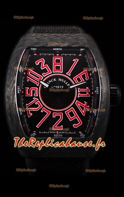 Franck Muller Vanguard montre suisse indexes rouges boîtier en carbone 