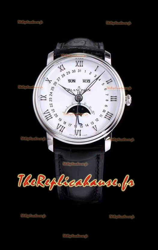 Montre suisse Blancpain "Villeret Quantième Complet" 904L en acier, cadran blanc