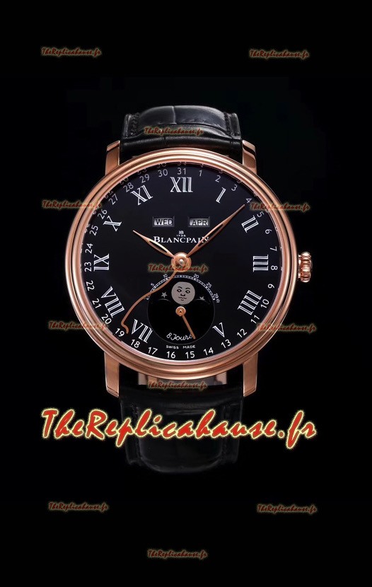 Montre Blancpain "Villeret Quantième Complet" 904L en acier et or rose à cadran noir