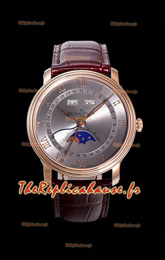 Montre Blancpain "Villeret Quantième Complet" en acier 904L et or rose avec cadran gris