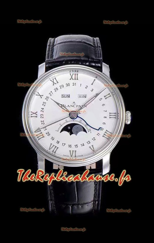 Montre suisse Blancpain "Villeret Quantième Complet" 904L en acier, cadran blanc cassé