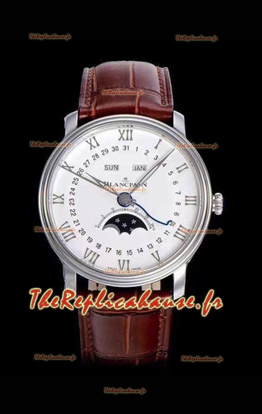 Montre suisse Blancpain "Villeret Quantième Complet" 904L en acier, cadran blanc cassé