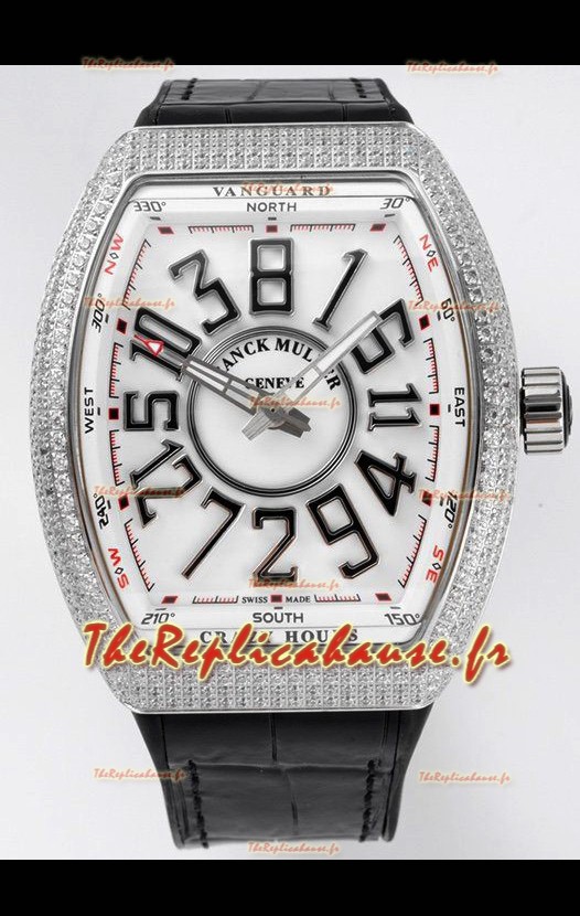 Franck Muller Vanguard Crazy Hours en acier inoxydable diamants - Cadran blanc Réplique Suisse 