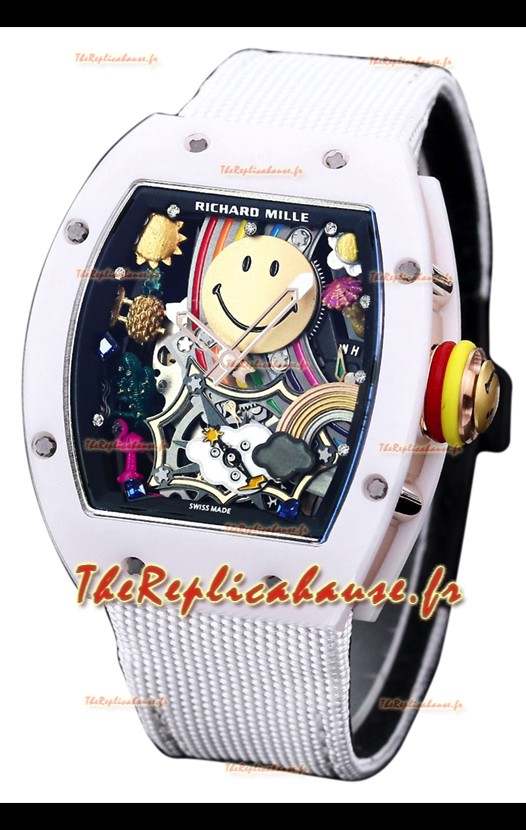 Richard Mille RM088 Smiley Tourbillon Boîtier céramique blanc Bracelet nylon Réplique Montre
