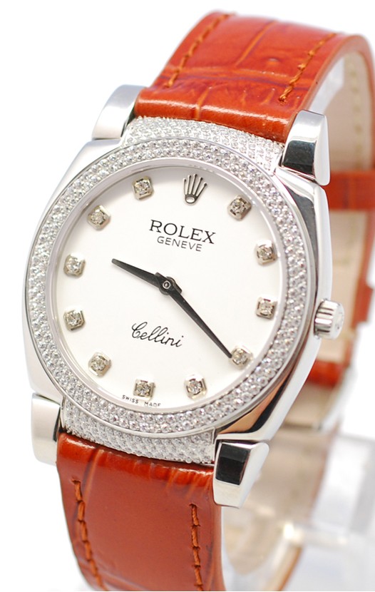 Rolex Cellini Cestello Femmes Swiss Montre Cornes, Lunette et Heure de Diamants Bracelet de Cuir Face Blanche