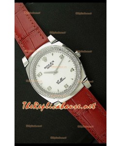 Rolex Cellini Japanese Quartz Replica Bracelet Cuir Lunette de Diamants Face Blanche