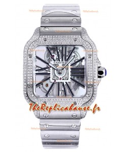 Montre Santos de Cartier en cadran squelette - lunette diamants en boîtier acier Réplique Suisse