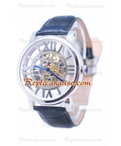 Cartier De Rotonde Skeleton Silver Montre Noir Leather