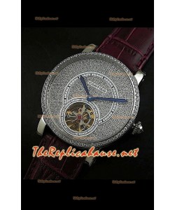Cartier Calibre Tourbillon Montre avec Cadran de Diamants Bracelet Rouge