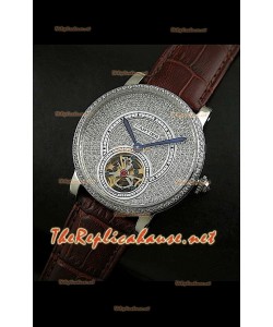 Cartier Calibre Tourbillon Montre avec Cadran de Diamants Bracelet Marron