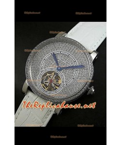 Cartier Calibre Tourbillon Montre avec Cadran de Diamants Bracelet Blanc