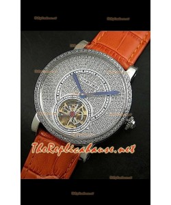 Cartier Calibre Tourbillon Montre avec Cadran de Diamants Bracelet Marron Clair