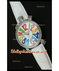 GaGa Milano Manuale Japanese Montre Cadran Blanc Lunette de Diamants