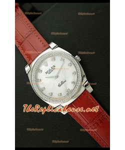Rolex Cellini Japanese Quartz Replica Bracelet Cuir Chiffres en Diamant Face Perle