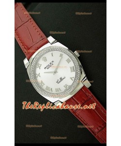 Rolex Cellini Japanese Quartz Replica Bracelet Cuir Lunette de Diamants Face Romaine Blanche