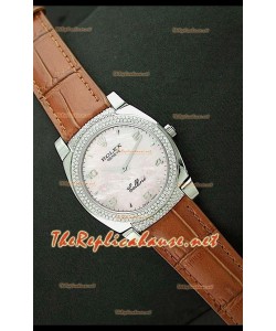 Rolex Cellini Japanese Quartz Replica Bracelet Cuir Lunette de Diamants Face Perle Rose