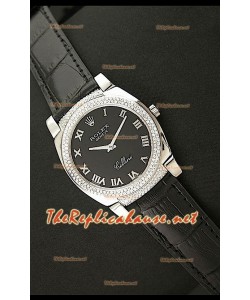 Rolex Cellini Japanese Quartz Replica Bracelet Cuir Lunette de Diamants Face Romaine Noire
