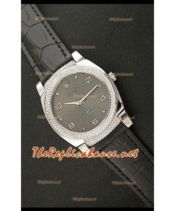 Rolex Cellini Japanese Quartz Replica Bracelet Cuir Noir Lunette de Diamants Face Noire