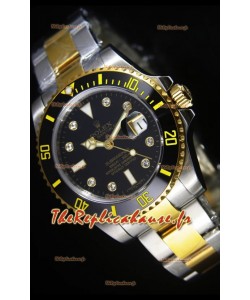 Montre suisse Rolex Submariner avec cadran noir et indicateurs des heures en diamant