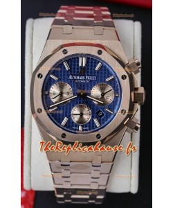 Audemars Piguet Royal Oak Chronograph Rose Gold Blue Dial Steel Strap Swiss Replica Watch