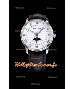 Montre suisse Blancpain "Villeret Quantième Complet" 904L en acier, cadran blanc