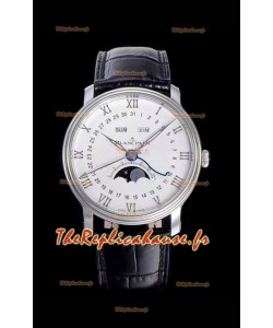 Montre suisse Blancpain "Villeret Quantième Complet" 904L en acier, cadran blanc cassé