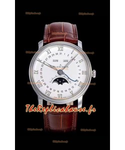 Montre suisse Blancpain "Villeret Quantième Complet" 904L en acier, cadran blanc cassé