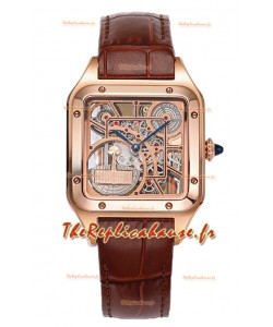 Montre Cartier Santos Dumont Squelette en or rose sur bracelet cuir marron 43.5MM
