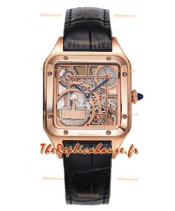 Montre Cartier Santos Dumont Squelette en or rose sur bracelet cuir noir 43,5 mm