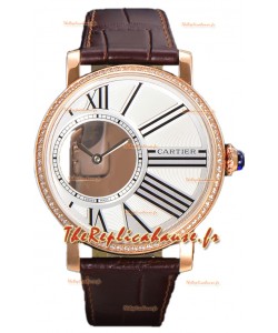 Rotonde De Cartier en boîtier or rose - bracelet cuir Réplique de montre suisse à quartz 