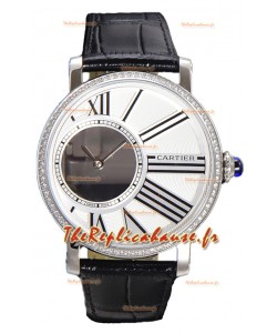 Rotonde de Cartier en acier inoxydable - bracelet cuir - réplique de montre à quartz suisse 