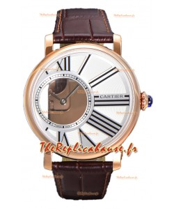 Rotonde de Cartier en boîtier or rose - bracelet cuir Montre réplique à quartz suisse 