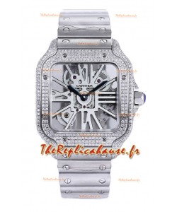 Montre Santos De Cartier en cadran squelette - lunette diamants, boîtier et bracelet acier Réplique Suisse