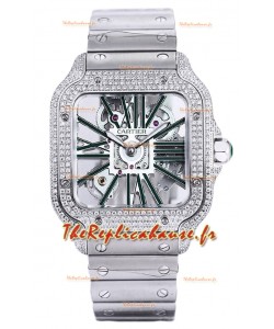Montre Santos de Cartier cadran squelette - lunette diamants boîtier acier Réplique Suisse