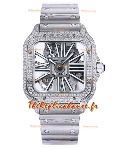 Montre Santos de Cartier en cadran squelette - lunette diamants sur boîtier acier Réplique Suisse