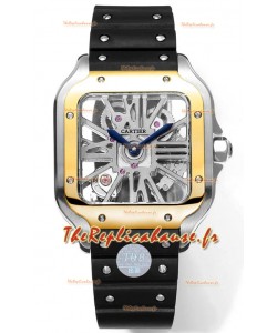 Montre Santos de Cartier avec cadran squelette - lunette bicolore - bracelet caoutchouc 