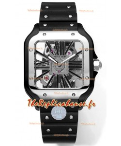 Montre Santos de Cartier avec cadran squelette - boîtier et lunette en acier revêtus de DLC - bracelet en caoutchouc