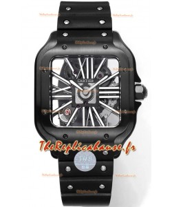 Montre Santos De Cartier en cadran squelette - Boîtier et lunette avec revêtement DLC sur bracelet caoutchouc