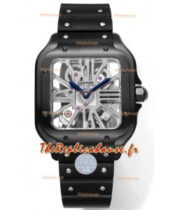 Montre Santos de Cartier avec cadran squelette - boîtier avec revêtement DLC - bracelet caoutchouc