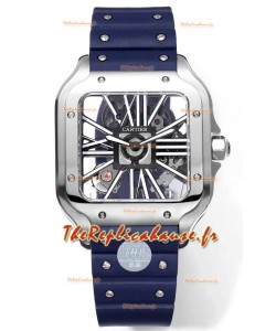 Montre Santos de Cartier avec cadran squelette - Boîtier en acier inoxydable - Bracelet en caoutchouc bleu