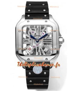 Montre Santos de Cartier avec cadran squelette - boîtier et lunette en acier inoxydable - bracelet en caoutchouc noir