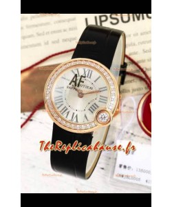 Ballon Blanc De Cartier Montre Suisse Quartz Réplique Lunette Diamants Boîtier Or Rose Bracelet Cuir 