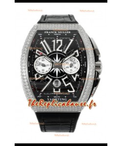 Franck Muller Vanguard V45 Chronographe 904L Acier Cadran Noir avec Diamants Montre Suisse
