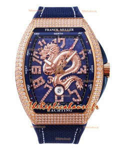 Franck Muller Vanguard Yachting Dragon V45 Cadran Bleu et Lunette Or Diamants Réplique Suisse