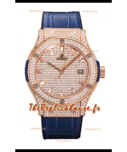 Hublot Classic Fusion Automatique Cadran Pavé Or Rose Diamants Bracelet Bleu 42MM Montre Superclone Replique 