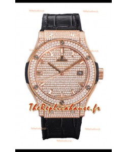 Hublot Classic Fusion Automatic Cadran Pavé Or Rose Diamants Bracelet Gris 42MM Réplique Montre Superclone 